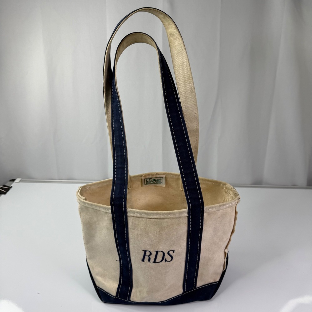 VTG 80s L.L. Bean Boat & Tote Small Navy Blue Canvas Green Crinkle Tag Monogram